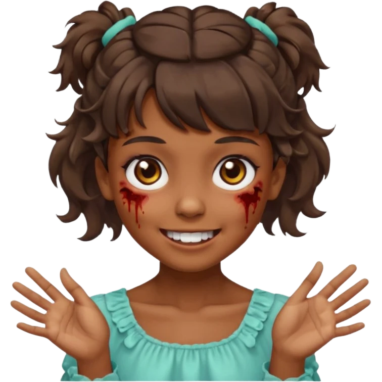 Cabelo ondulado  um pouco cheio e franja curta  Olhos marrons e pequenos e feita d ezumbi mais bonita com cabelo amarro na e com as mãos assim tipo assim🧟‍♀️ emoji