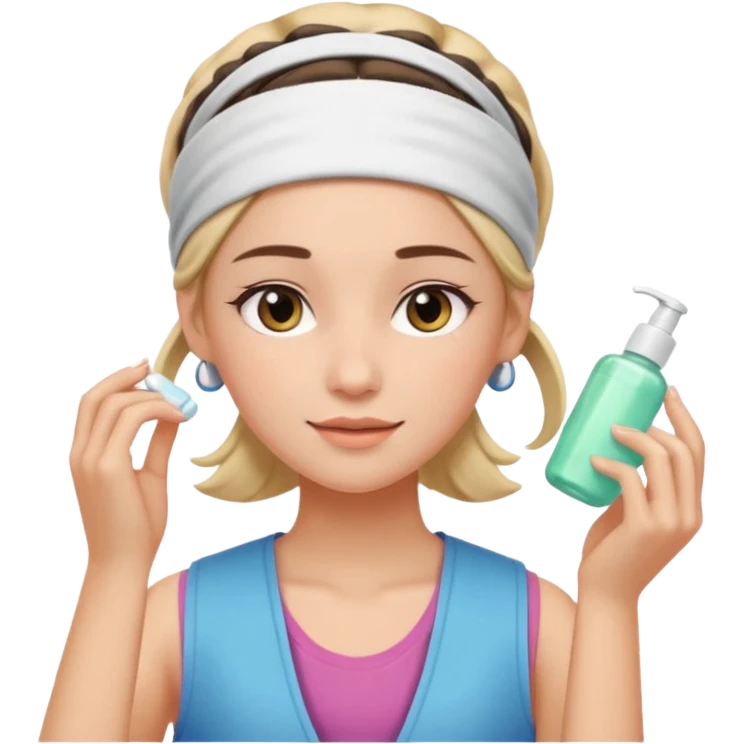 Clean girl aesthetic emoticons, apply skincare products, headband, glowing skin, vest, soft lighting
 emoji