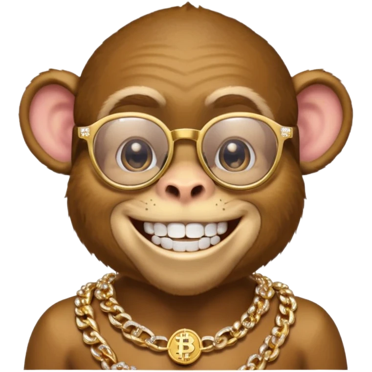 rich monkey with glasses smiling with diamond grillz and a bitcoin golden chain with diamond pearls emoji