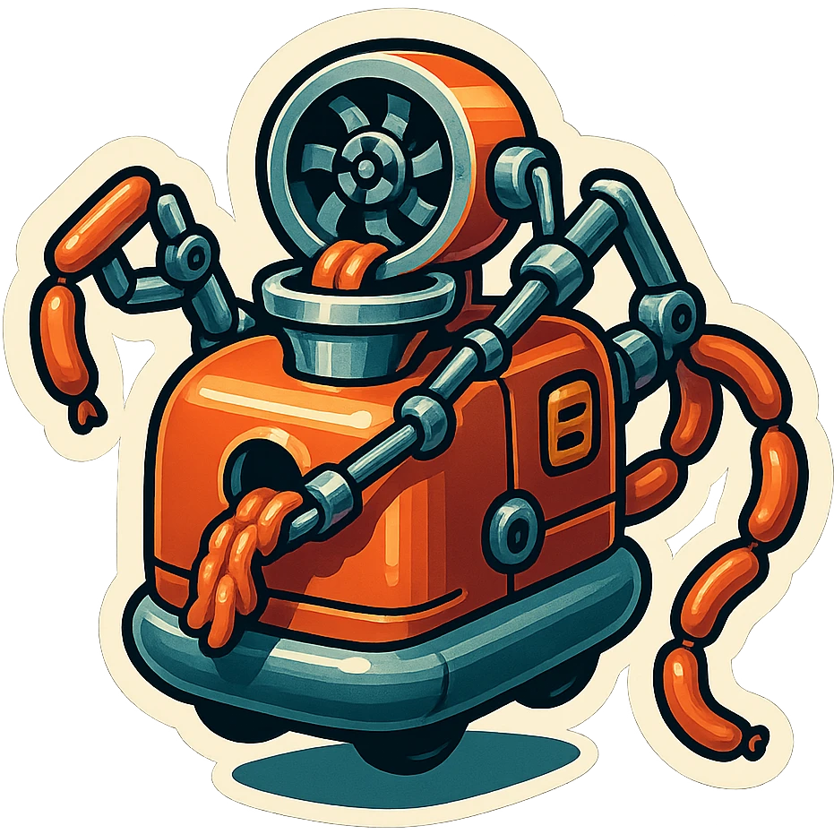 sausage-processing droid. retro-futuristic style. top is a circular industrial hole rotating gears and blades. Two robotic arms feed material into grinder. Sausage links extrude from the rear like  factory. The body is metallic, compact, and floats above the ground.no legs. Dark humor emoji