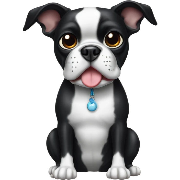 Black and white Boston terrier with dark eyes holding toy emoji