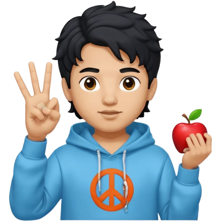 An indian boy in a light blue hoodie with wavy flow hairstyle showing peace sign, with black hair color, apple memoji style emoji