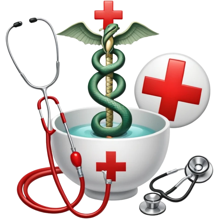 An icon featuring a caduceus (a bowl with a snake), a red cross, and a stethoscope, symbolizing medicine. The design includes medical tools and symbols, representing healthcare, diagnosis, and healing practices. Transparent background highlights the profession and study of medicine. emoji