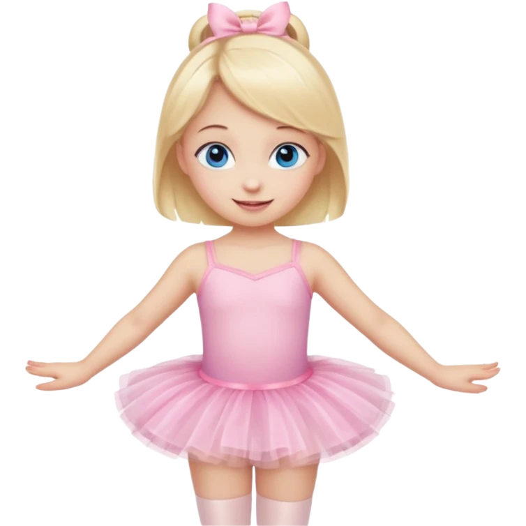 Little blonde girl doing ballet in a pink tutu and ballet slippers, cute emoji style, soft colors, happy expression, with blue eyes emoji