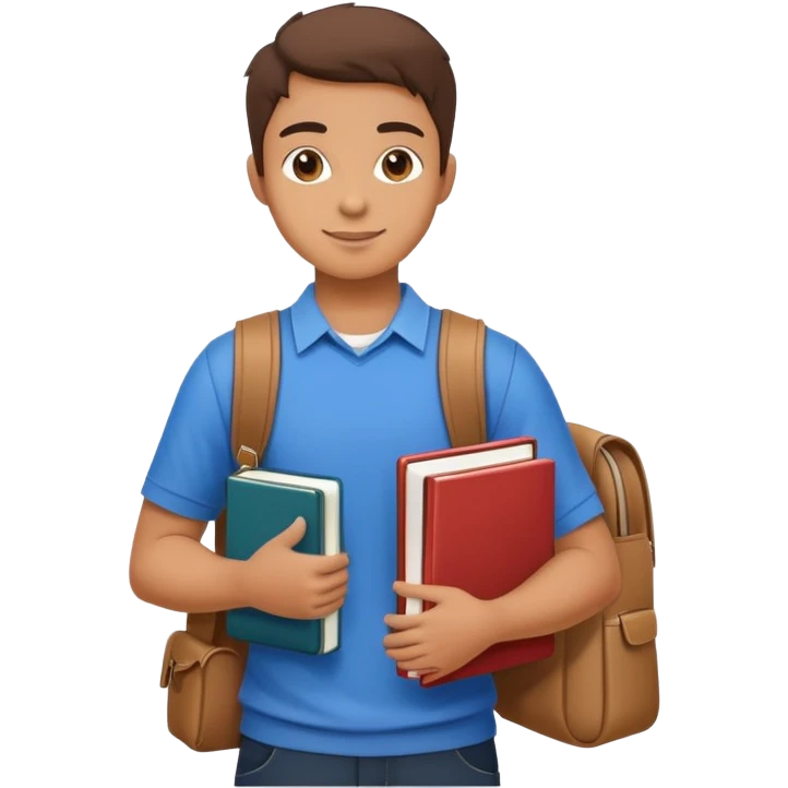 A flat-style illustration of a university student, holding a few textbooks and wearing a messenger bag. Clean, modern cartoon style, white background, iOS emoji aesthetic. emoji