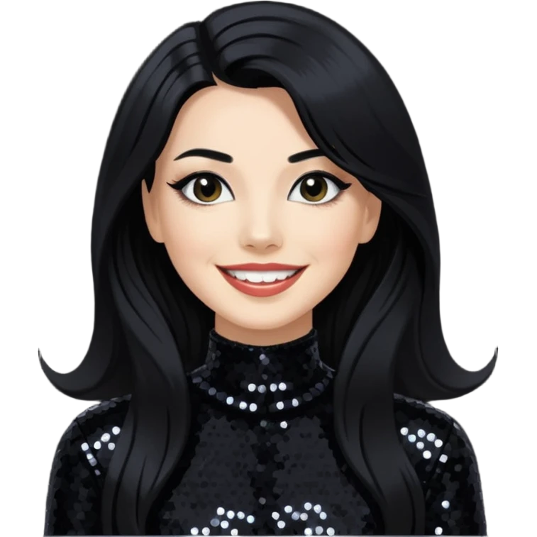 Janet Planet, Female Electropop Singer from Confidence Man with long black hair, black sequin outfit emoji