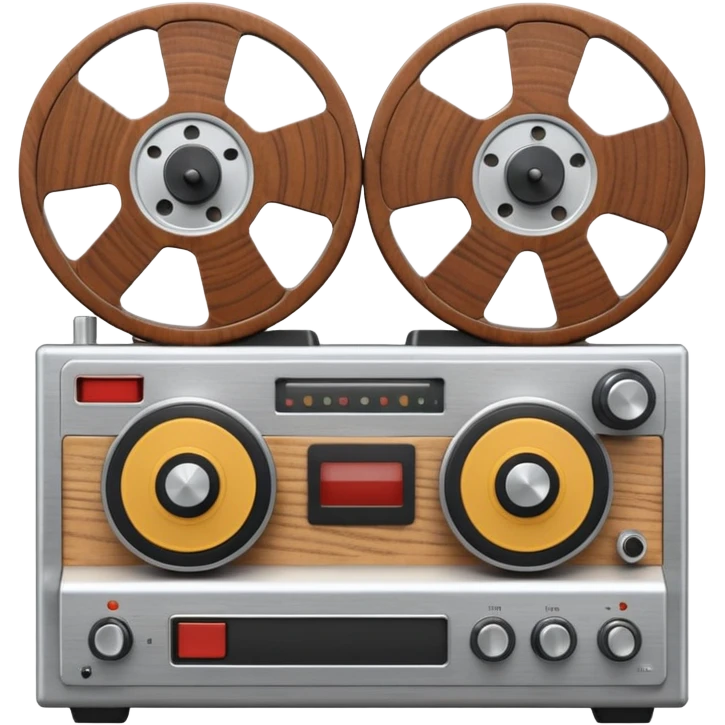 3D render of Reel-to-Reel, vintage 1980s audio equipment aesthetic, tactile analog buttons, silver metallic face with two large brown magnetic tape wheels, mixed wood grain and brushed aluminum textures, Apple emoji style, isolated on white background --v 6.0 emoji
