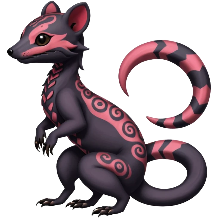 Rare warm-colored exotic gloomy tropical edgy cute epic aesthetic spooky  gothic colorful Salandit-Noibat-Civet-species-Fakemon-hybrid-creature, with tribal tattoo markings, full body emoji