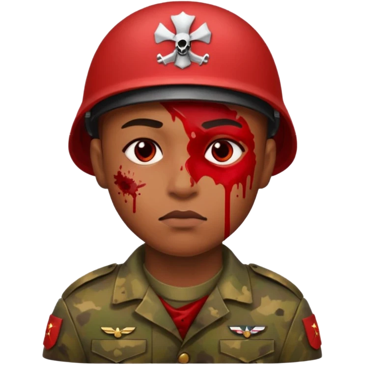 soldier with red skin tone, neutral expression, blood splatter on left cheek emoji