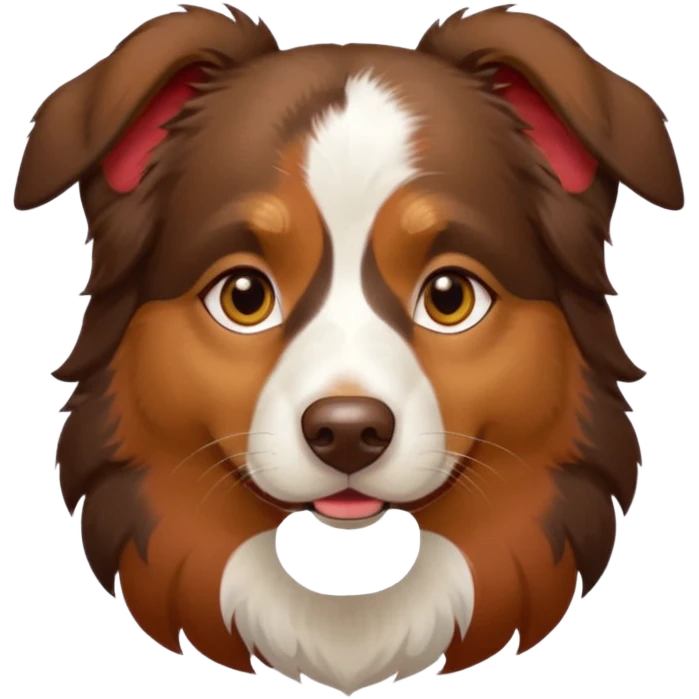 A tri color Australian shepherd with a chocolate brown base coat, red/gold fur on his eyebrows and snout/cheeks, a white chest, and gold eyes emoji
