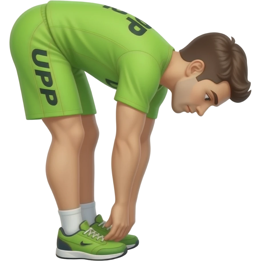 guy-in--green (#15ef98 rgb(21, 239, 152))--workout-shirt-and-shorts-standing-up,-bending-down-to-touching-toes-(stretching-down-by-touching-both-feet-_-toes-feet-together-not-split-apart-with "UPP"_-written-on-his-shorts in black emoji
