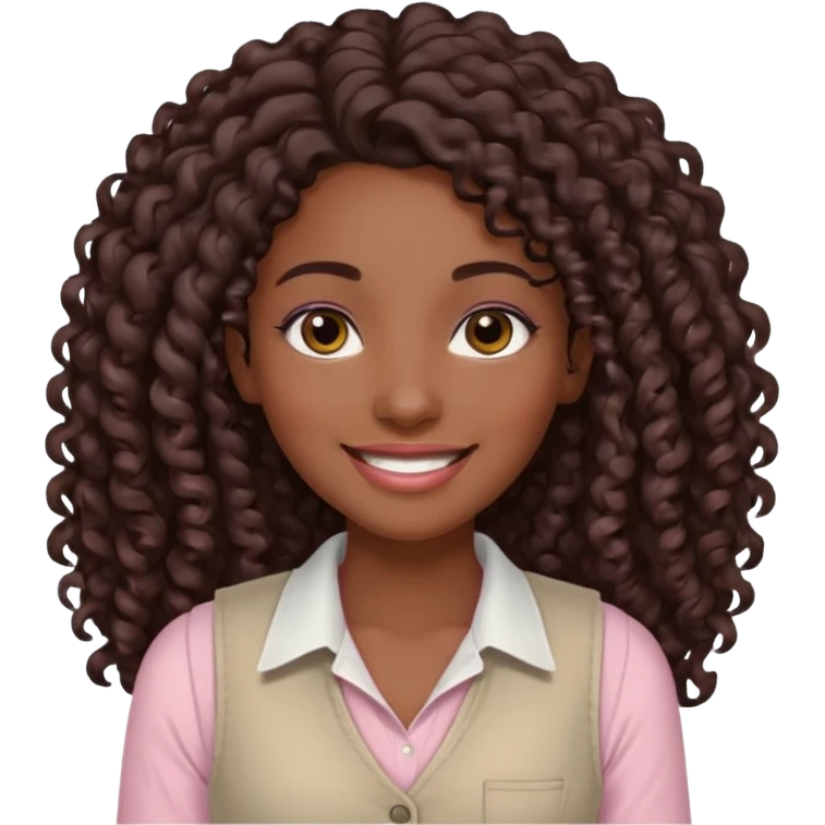 mujer morena, pelo rizado largo, sonriendo, con ojos grandes y marrones con camisa rosa palo y un chaleco blanco emoji