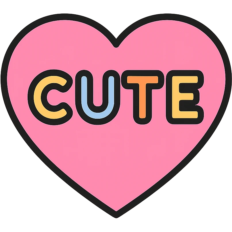 pink heart with the word CUTE in color outline icon style emoji