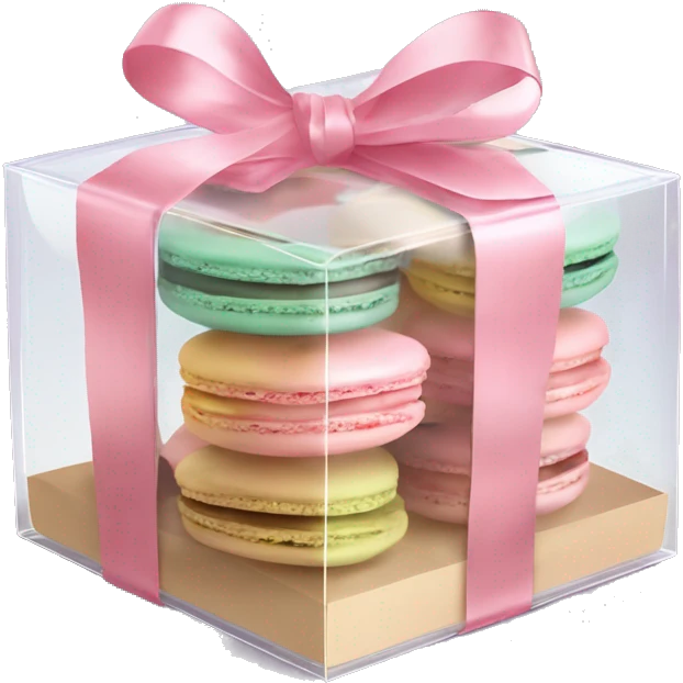Realistic flat transparent clear take away food box with pastel macaron cookies inside the box with ribbon bow tied around the box. emoji