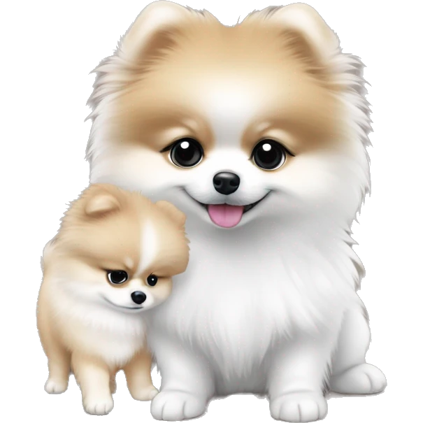 ebca9d color pomeranian puppy and white color pomeranian puppy with a little bit lass fur hugging  emoji