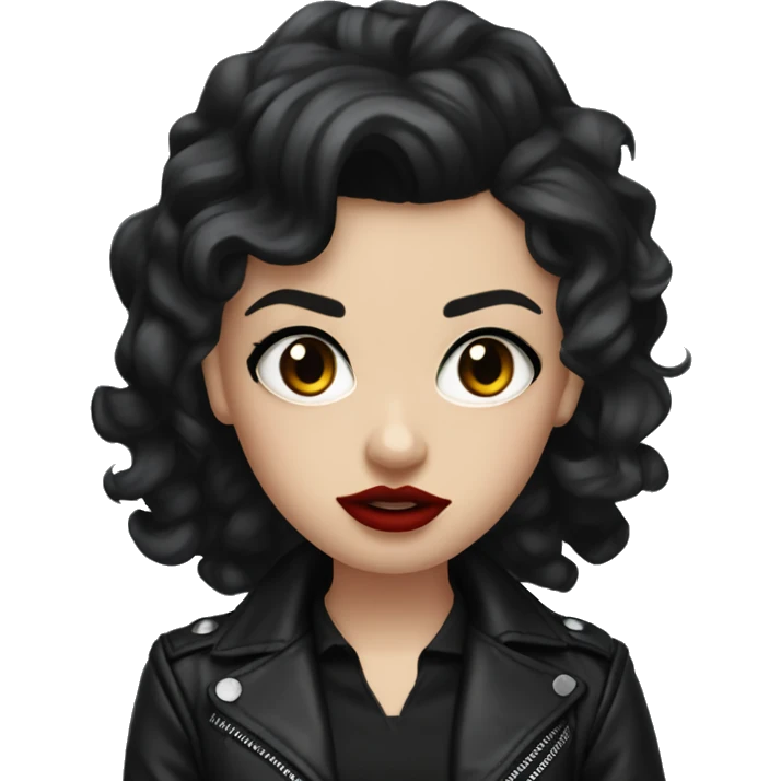 White girl, with long curly black hair, with red lipstick, black winged eyeliner, wearing black shirt and black leather jacket, rolling her eyes annoyed emoji