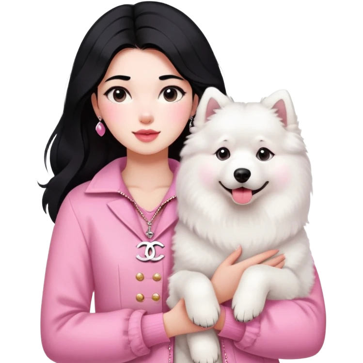 Black-haired girl in pink Chanel-style outfit with white Samoyed dog emoji