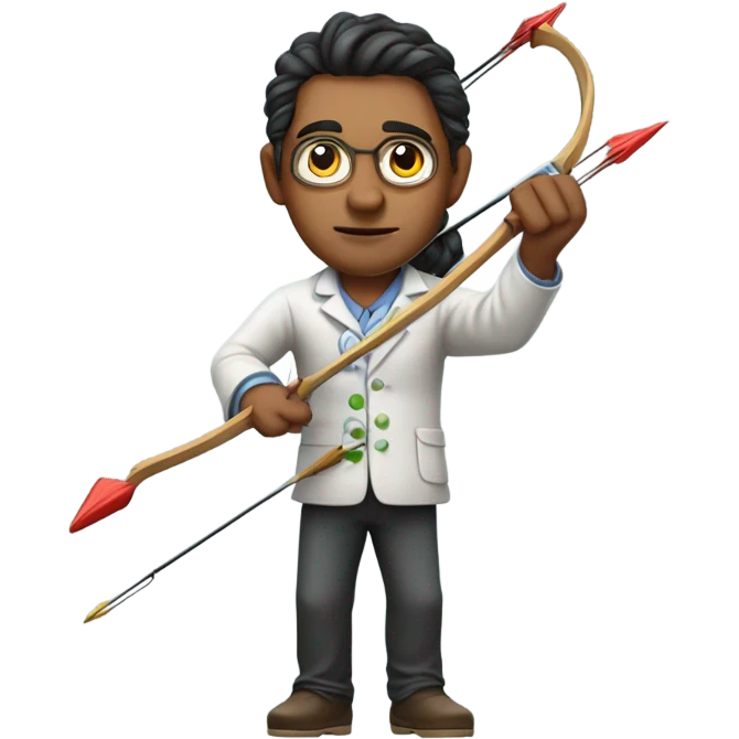 Realistic image of a Latin American chemist shooting a bow and arrow while synthesizing proteins  emoji