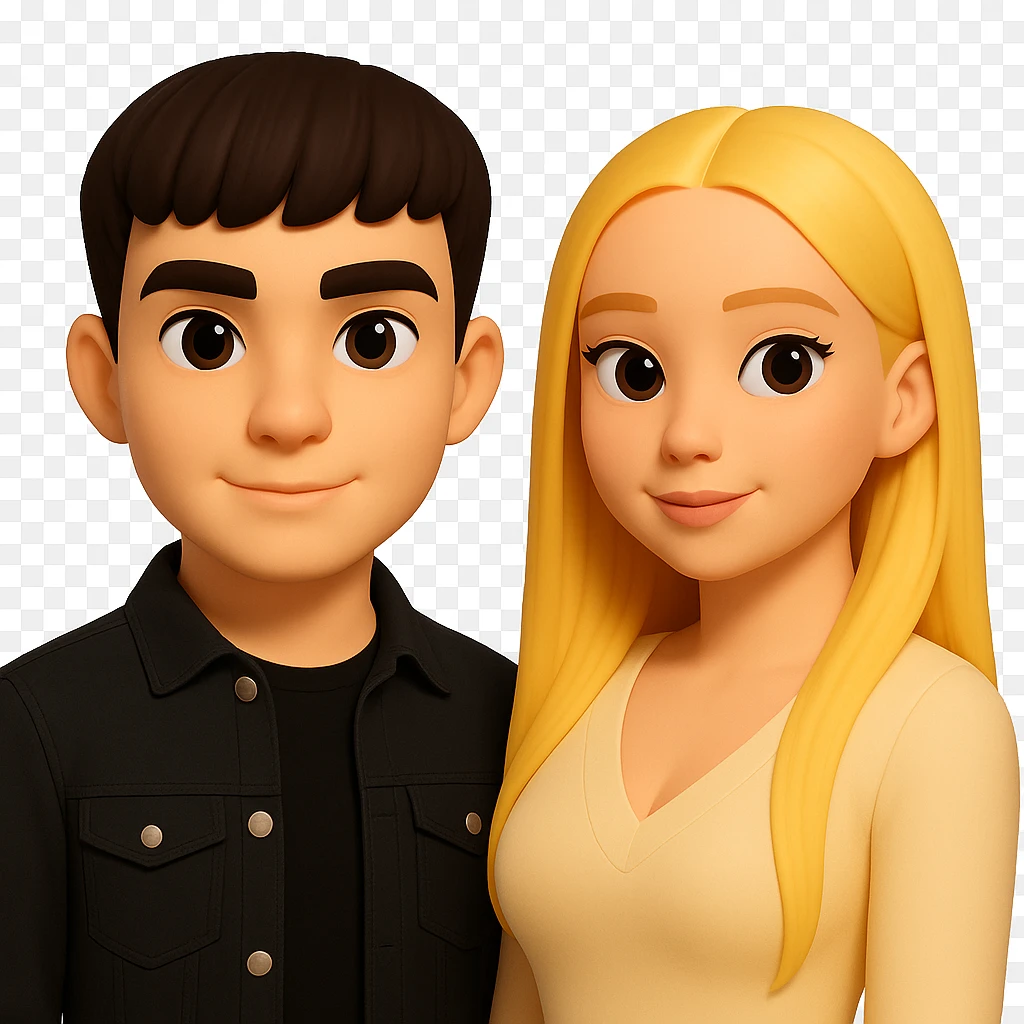 Slightly increase the volume of the upper body of the girl, separate the girl and the boy from each other, make the skin color the same for both characters. Maintain the cartoonish 3D style as in the reference image. Keep the background transparent. emoji