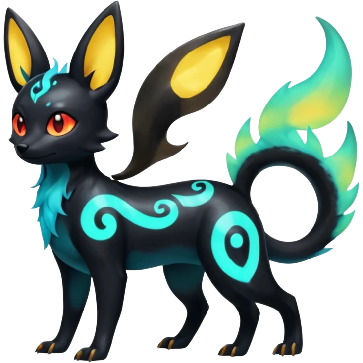 Shiny Fiery Dark Glowing Ethereal Eldritch Cool Edgy Badass Punky Aural Iridescent Fluorescent Bioluminescent Umbreon-Amaura-Salandit-Litten-Flareon-Fakémon-fusion (full body) with pattern markings emoji
