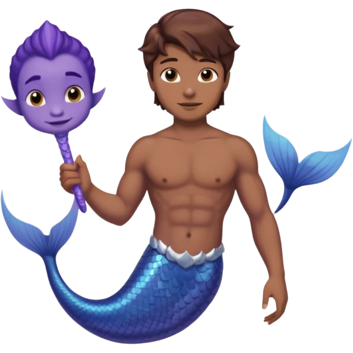 merman with brown hair brown eyes and medium to dark skin tone with a blueish purple tail and not insanely muscular  emoji