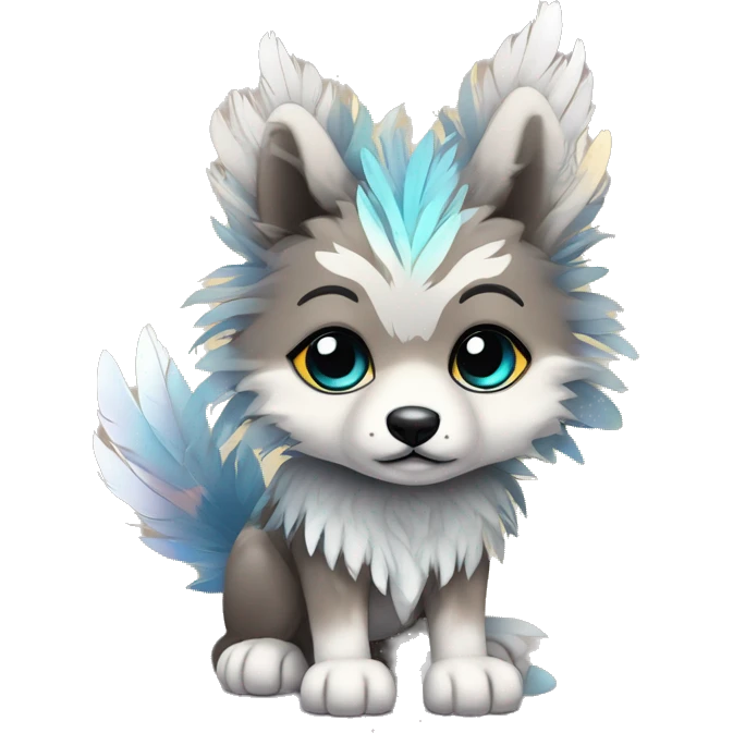 Fluffy Shy Chibi Spiritual Shamanic Wolf With Shiny Tribal Markings wearing feathers Full Body emoji