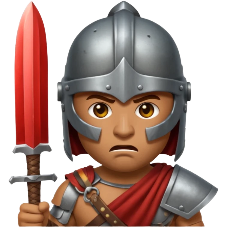 Emoji portrait of an entertainment slave (gladiator). He has an angry expression and wears a helmet, holding a short sword. emoji