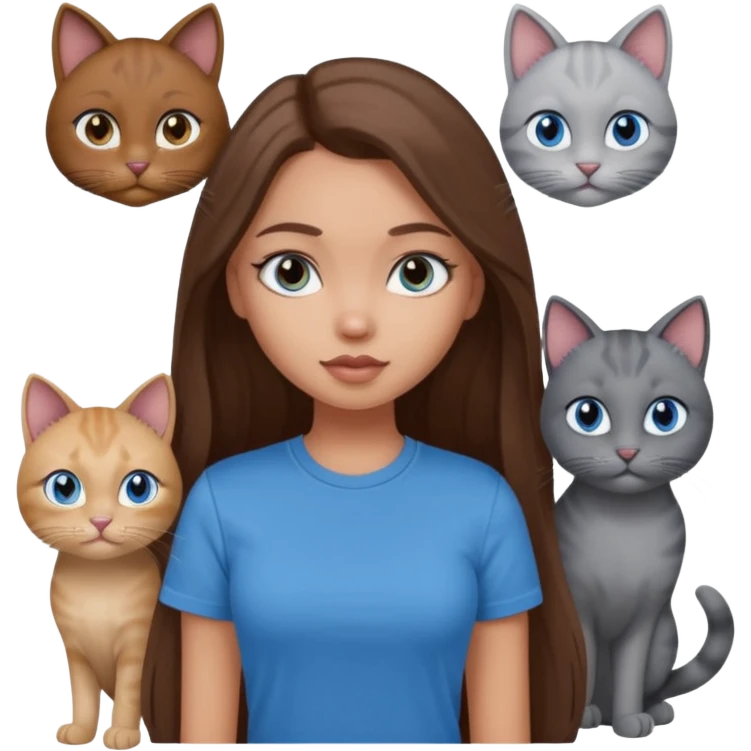 a pretty bratz dusky light skin girl with long brown hair, blue eyes with six cats nd wearing a grey tshirt emoji