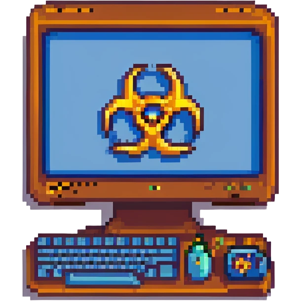 blue screen computer with a biohazard sign emoji