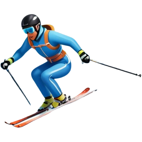 An icon featuring snowy peaks, pine trees, and a picturesque mountain landscape with a skier racing down a snow-covered slope. The sky is blue with soft clouds, capturing the thrill and beauty of alpine skiing. Transparent background highlights the excitement and serenity of winter sports. emoji