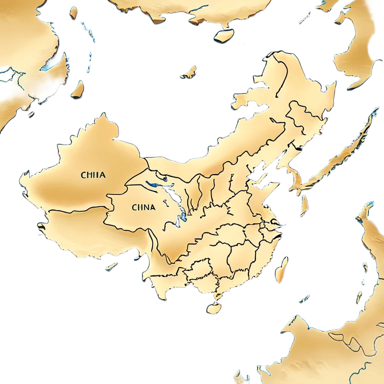 Cinematic-realistic outline of china, featuring its distinct landmass with accurately defined coastlines. The deep blue ocean surrounds the golden-brown continent, with subtle topographic shading to highlight its terrain. A soft glowing effect enhances the edges, making the shape stand out against a neutral, textured background. emoji