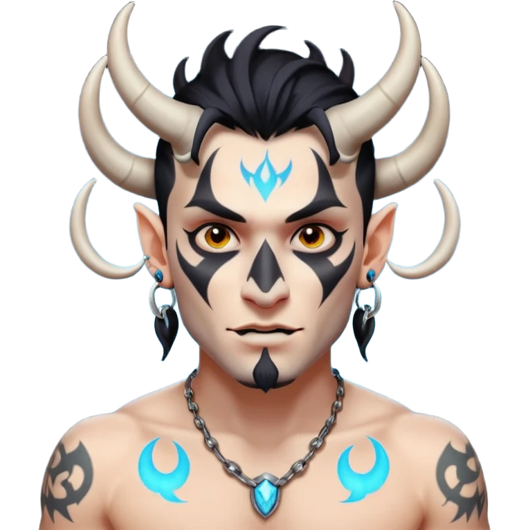 white skin Rock-style man — piercings, glowing tattoos on face, black horns emoji