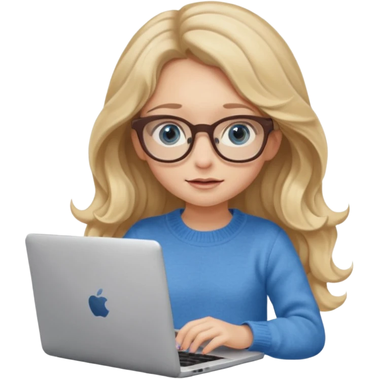 blonde girl with long dark blonde wavy hair, blue big eyes, pantos-style glasses, a brown colored sweater, sitting and looking in laptop, soft pastel, upper body shot emoji