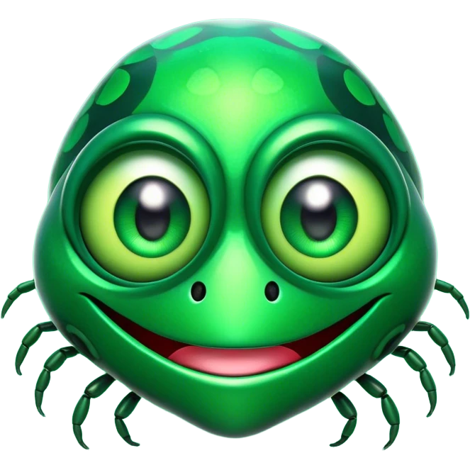 Cinematic Comical Green Bugdie Portrait Emoji, Head tilted dramatically with an exaggeratedly amused expression, featuring a striking, glossy emerald exoskeleton with bold patterns, wide, expressive multifaceted eyes filled with playful disbelief, Simplified yet hilariously expressive features, highly detailed, glowing with a slightly sassy glow, high shine, dramatic yet playful, stylized with an air of cheeky mischief, bright and endearing, soft glowing outline, capturing the essence of a spirited and over-the-top bug, so meme-worthy it feels like it could side-eye its way into internet fame instantly! emoji