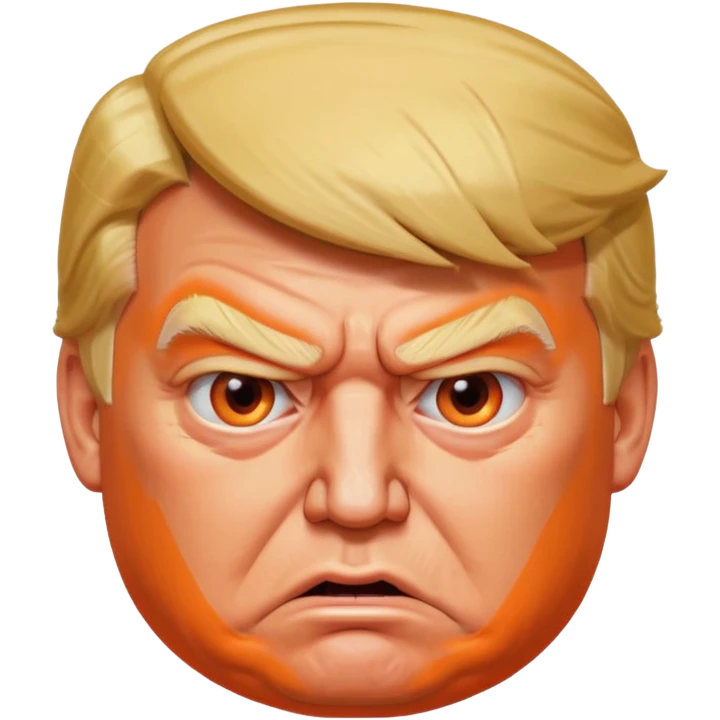 PLEASE MAKE 3 VERSIONS OF AN ISOMETRIC 3D ICON OF A DONALD TRUMP CHARACTER, FROM AN OVERHEAD ISOMETRIC ANGLE, WITH AN ANGRY AND CONFUSED EXPRESSION, HEAVY JOWELS, WITH EXCESSIVE ORANGE MAKEUP, A VERY LARGE, BLOATED STOMACH, AND VERY LARGE ANGLES. emoji