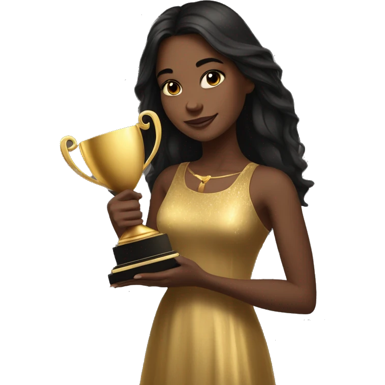 realistic portrait of a brown skin girl with brown eyes and long straight black hair wearing a gold dress holding 4 trophies in her arms emoji