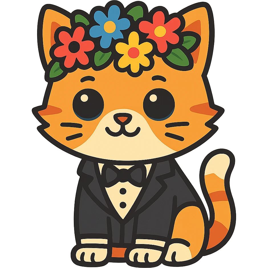A kitten in a tuxedo with a flower crown emoji