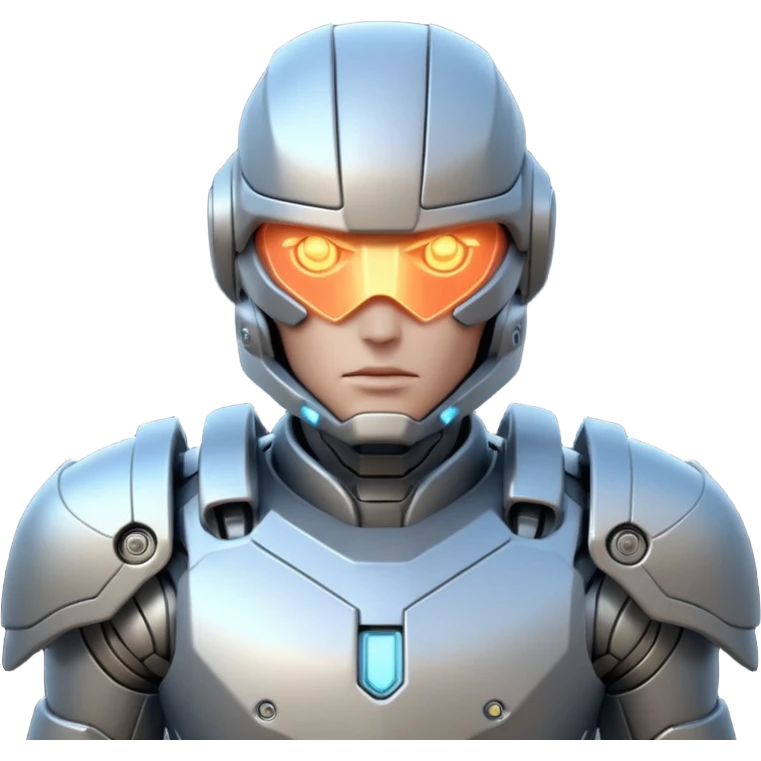 mechanical armored man portrait, head and shoulders only, futuristic metal armor, glowing energy lines, robotic shoulder plates, intense expression, sci-fi warrior vibe, 3D cartoon style, mobile game icon style, clean background, no text, no watermark
  emoji