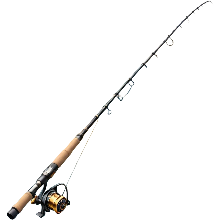 Cinematic Realistic Fishing Rod, sleek graphite rod with a smooth, polished reel, thin line disappearing into a shimmering lake, warm golden sunlight reflecting off the water, glowing with a tranquil and adventurous aura. emoji