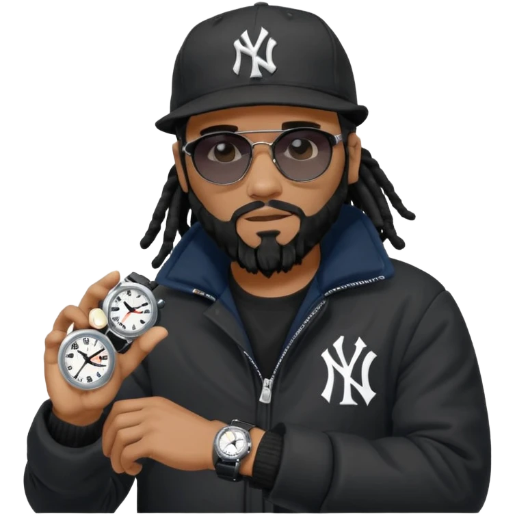 African American Man with shoulder length black dreadlocks with black beard wearing black sunglasses wearing a black bubble winter coat and a New York Yankees logo baseball cap checking the time on his wrist watch emoji