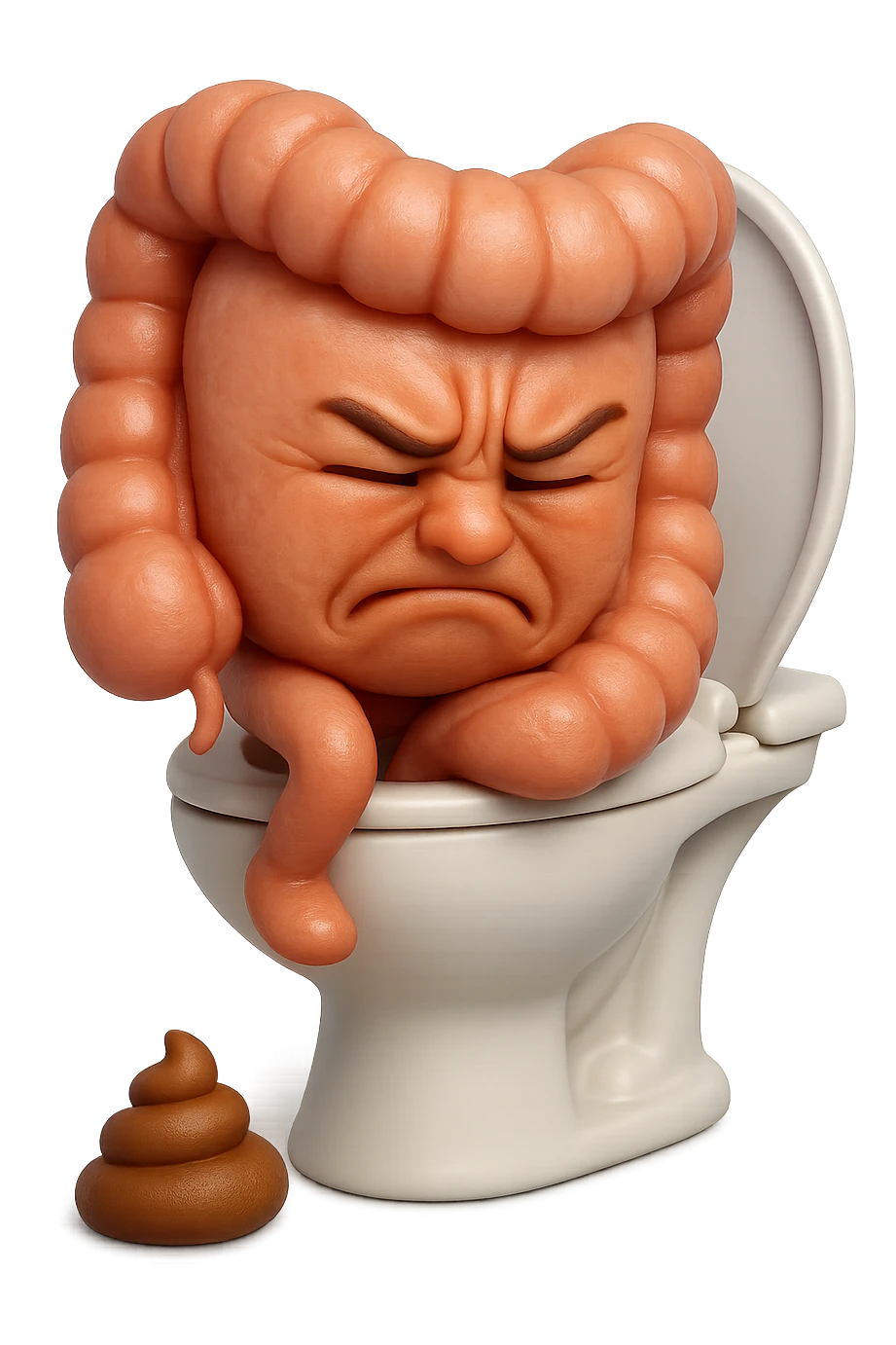 SU QUESTO STILE FAI UN EMOJI STILE IPHONE 3D DI UN INTESTINO CHE sta seduto sul wc e davanti ha una montagnetta di feci a palline stile emoji iphone, FAGLI UN ESPRESSIONE di dolore mentre si sforza E FALLO MOLTO REALISTICO IN 3D emoji
