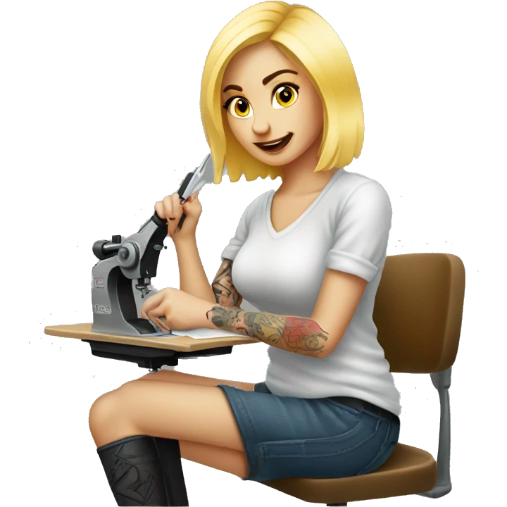 A blonde girl tattooing a post stamp emoji