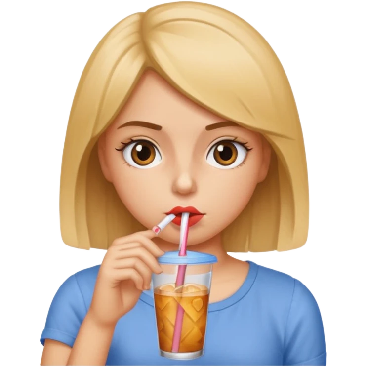 Girl sipping drink from a straw with eye roll emoji