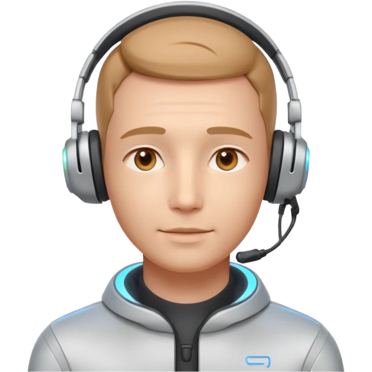 AI Call Agent holo-human-like Cyber AI face, warm, calm and friendly. Holographic look.Soft AI face with a listening, welcoming expression, minimal facial lines, calm eyes. Light headset. Man. emoji
