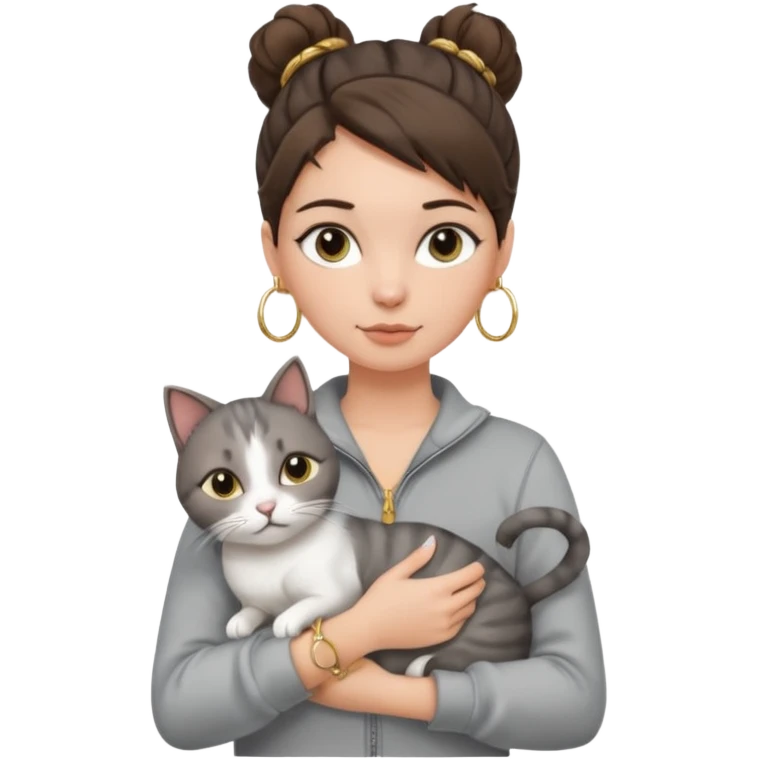 a white girl with brunette hair in a messy bun holding a grey cat. the girl has long lashes and has on a grey zip up that is half way zipped and under a white shirt and gold jewelry that is hoop earrings and gold bracelets. emoji