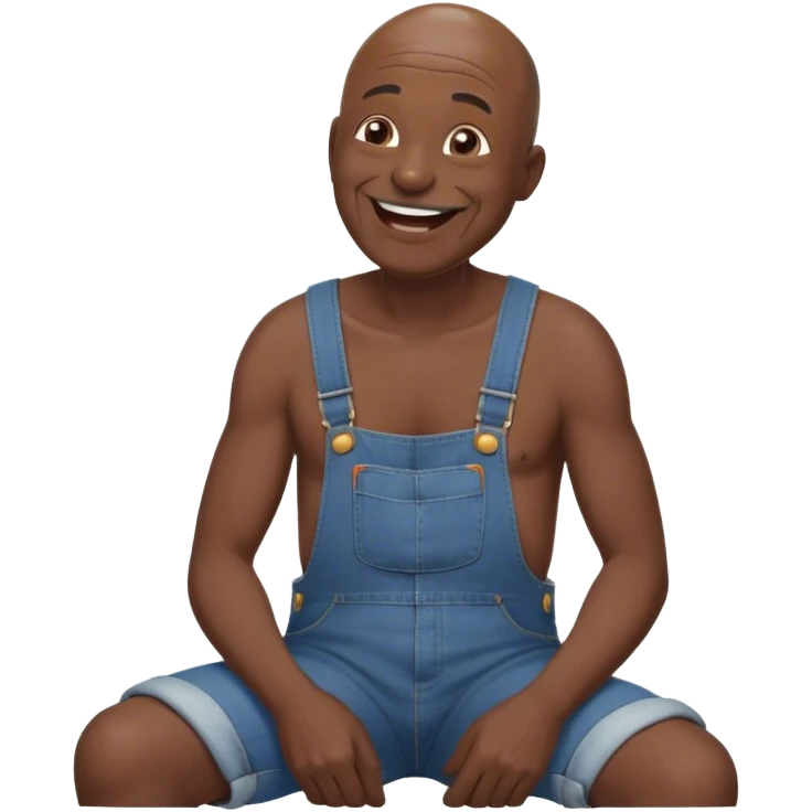 Side view Laughing telling story Old bald black man sitting wearing overalls no shirt emoji