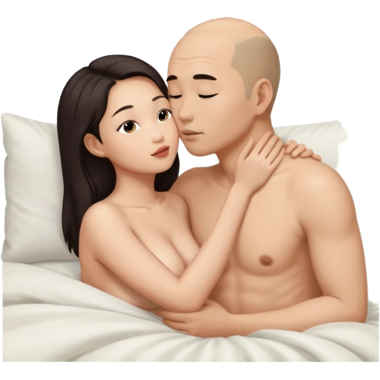 slightly balding asian man and asian woman naked in bed kissing emoji