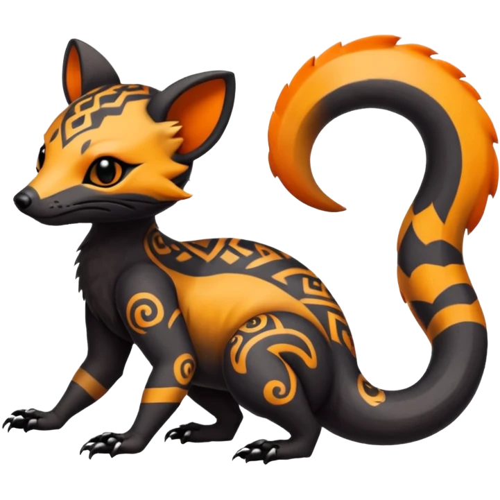 Rare warm-colored exotic gloomy tropical edgy cute epic aesthetic spooky  gothic colorful Salandit-Noibat-Civet-species-Fakemon-hybrid-creature, with tribal tattoo markings, full body emoji