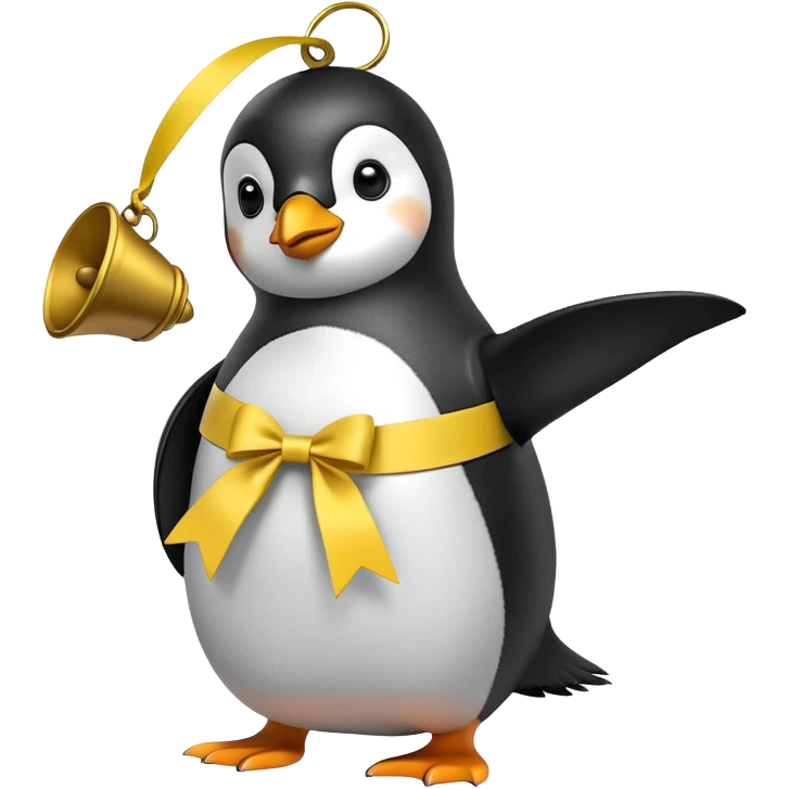 Penguin ringing large bell vigorously with yellow ribbon emoji