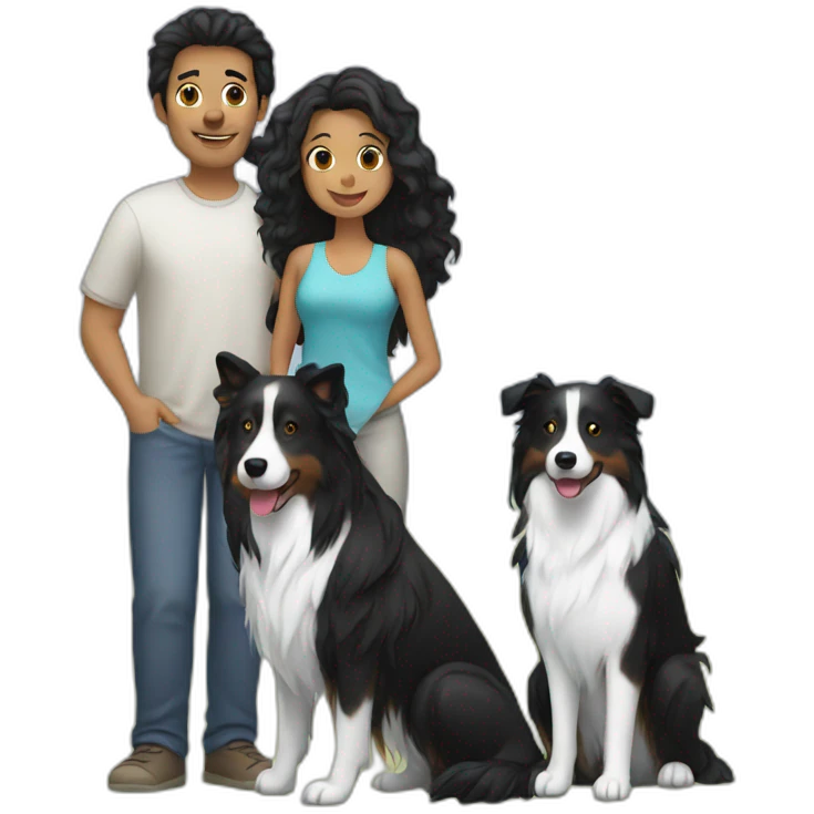 Family, man, long black hair woman and small black border collie emoji